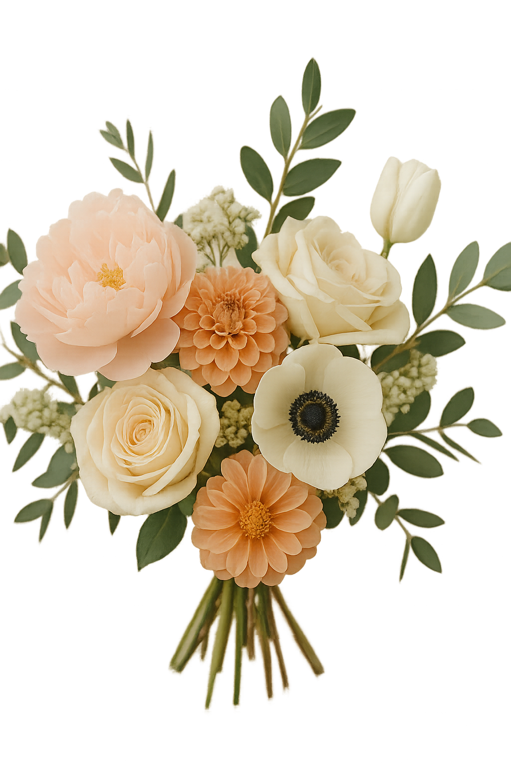 Ramo de flores con peonías, dalias, rosas de jardín y anémonas en tonos pastel, tendencia en bodas españolas en 2025