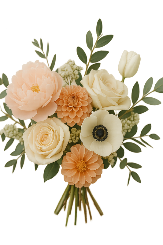 Ramo de flores con peonías, dalias, rosas de jardín y anémonas en tonos pastel, tendencia en bodas españolas en 2025