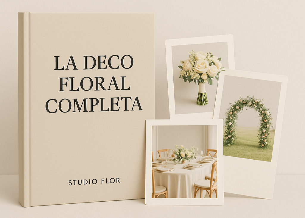 Libro de tapa dura beige titulado "La Deco Floral Completa" de Studio Flor, acompañado de tres fotos estilo polaroid con un ramo de novia blanco, un arco floral para boda al aire libre y una mesa de boda elegante decorada con flores.