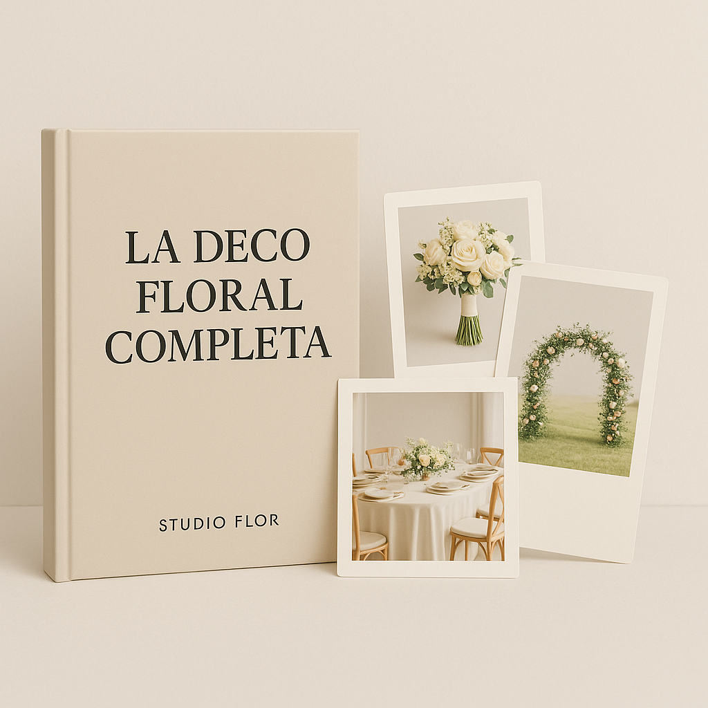 Libro de tapa dura beige titulado "La Deco Floral Completa" de Studio Flor, acompañado de tres fotos estilo polaroid con un ramo de novia blanco, un arco floral para boda al aire libre y una mesa de boda elegante decorada con flores.